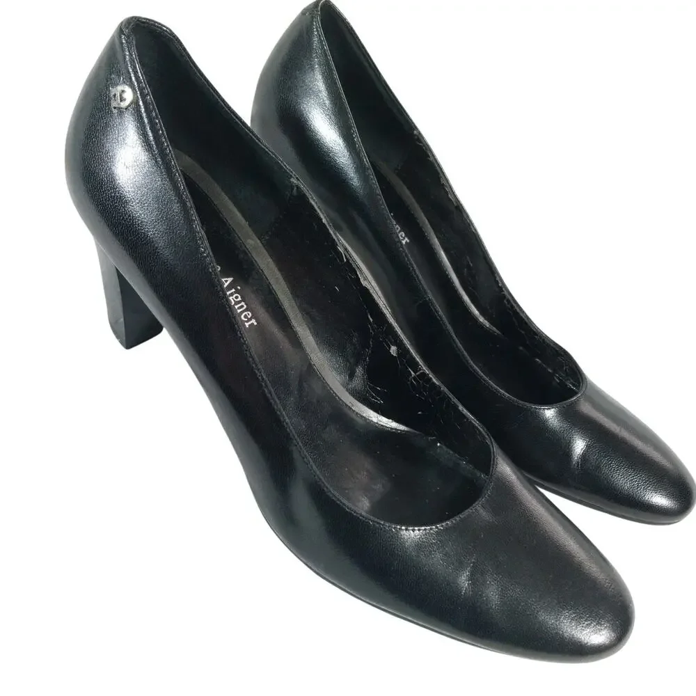 ETIENNE AIGNER! BLACK GENUINE LEATHER MODERATE HEELED CLASSIC PUMPS, HEELS! 7.5M